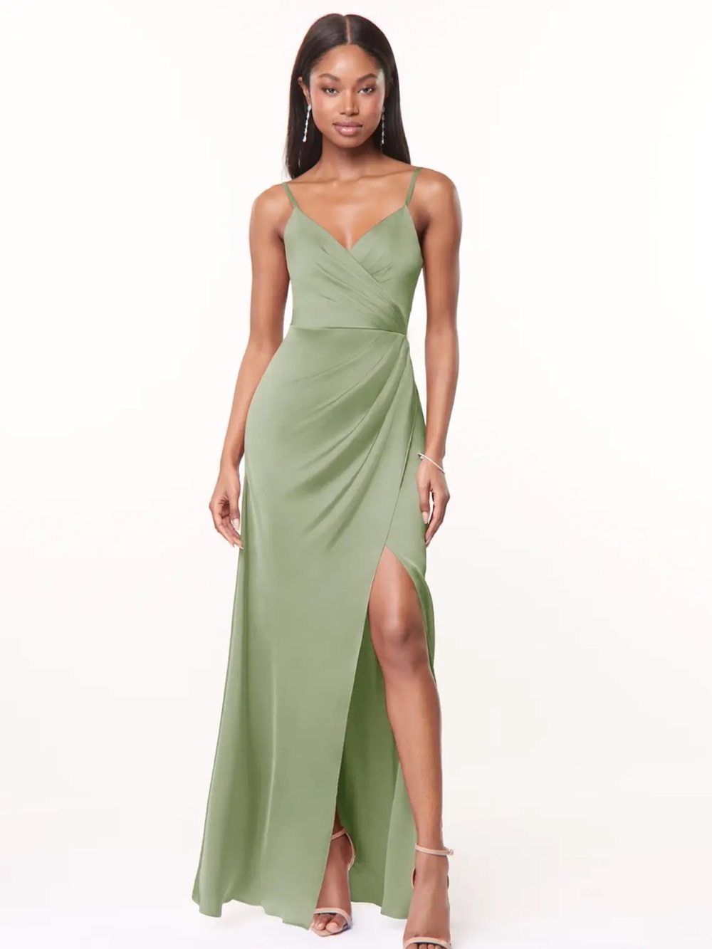 Azazie Maci Dusty Sage A-Line V-Neck Pleated Stretch Satin Dress